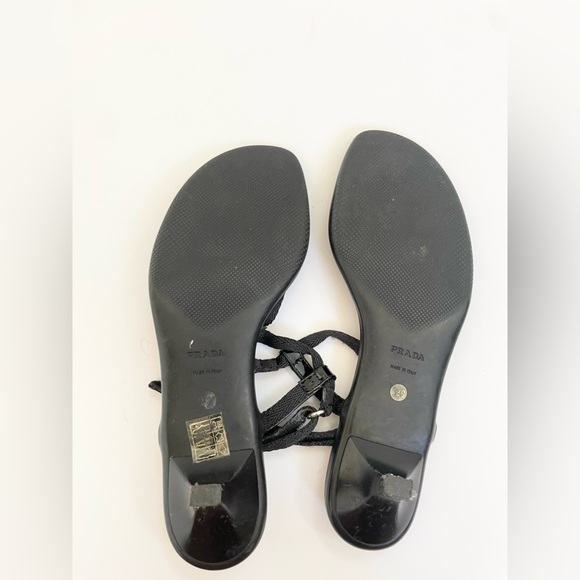 Prada Sport Y2K Black Leather Nylon Logo T-strap Kitten Low Heel Sandals EU 39 - Picture 6 of 11